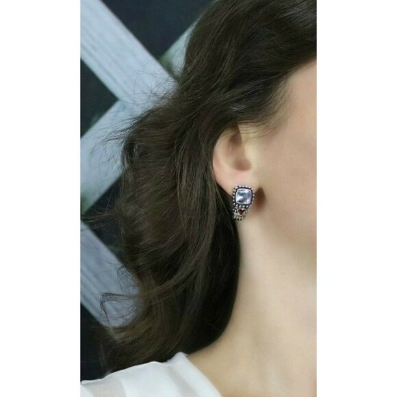 Sterling Silver Blue Glass with Red CZ J Hoop Earrings - Picture 2 of 8